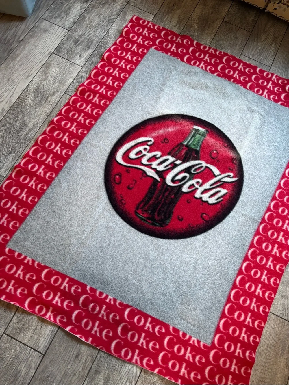 Vintage Coca-Cola Red Disc Bottle Fleece Throw Blanket Bordered Coke Print